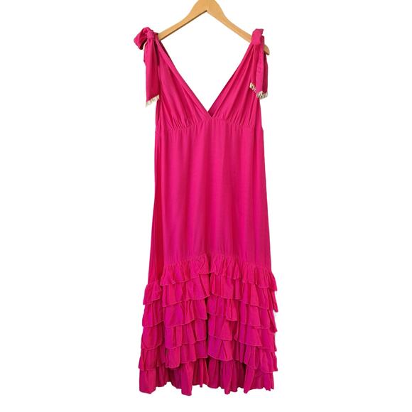 SUNDRESS Maggie Fuchsia Pink Midi Maxi Dress Large Deep V Ruffle Hem Cotton Silk - Picture 11 of 12